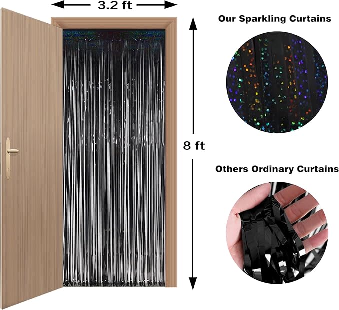 Foil Fringe Curtains Black Backdrop Party Decorations - Melsan 3 Pack 3.2 x 8.2 ft Black Tinsel Curtain Photo Backdrop for Birthday Decorations Retirement Party Decorations Black