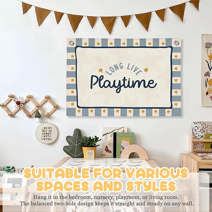 Playroom Wall Decor,Long Live Playtime Linen Canvas Banner,Navy Blue Toddler Playroom Decor Kids Room Nursery with Star Pattern Wall Decor for Toddler Boys Toy Room Bedroom,30x20 Inch