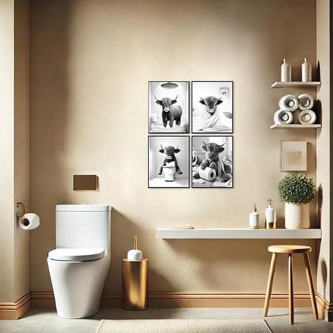 Western Cow Bathroom Decor Wall Art,Funny Highland Cow Wall Art in Restroom,Black and White Wall Decor,Highland Cow Canvas Art Prints,Rustic Retro Bathroom Wall Decor Humor Animals Artwork Prints,11x14inchx4pcs,Unframed