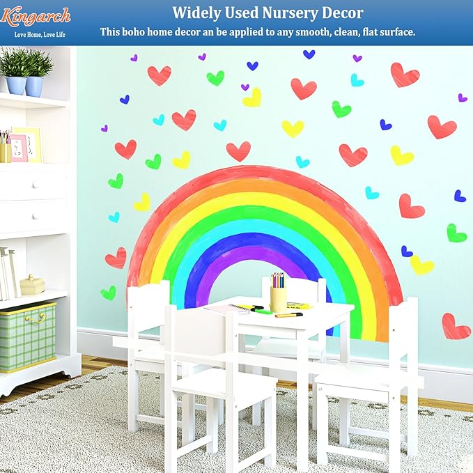 Large Watercolor Rainbow Wall Decals, Hearts Peel and Stick Fabric Nursery Wall Decor, Removable Home Room Wall Decor Murals Stickers for Kids Girls Toddler Bedroom Living Room Playroom