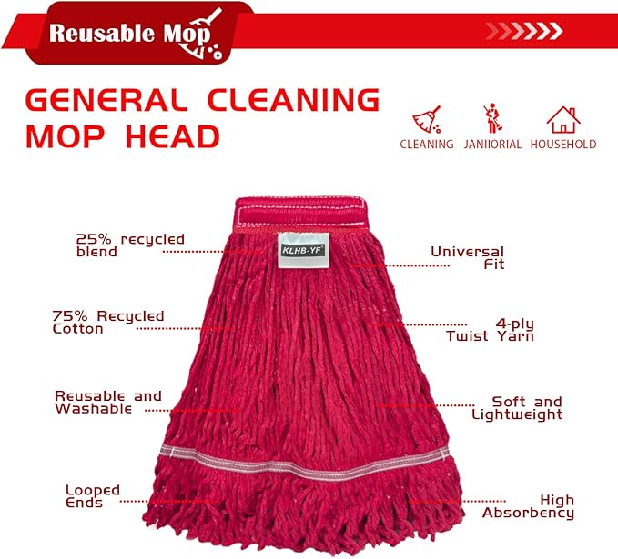 4 Pack Heavy Duty Commercial Mop Head Replacement,Commercial String Mop Head，Loop-End Mop Head Replacement,Cotton Washable Industrial Mop Head,Wet Cleaning Mop Head for Home,Industrial and Commercial