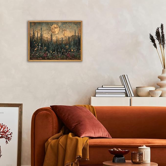KBKBART Framed Canvas Wall Art Vintage Decor, Forest Moon Painting Prints, Nature Pine Tree Woodland Wall Decor, Dark Cottagecore Landscape Artwork for Living Room Bedroom 8x10 inch