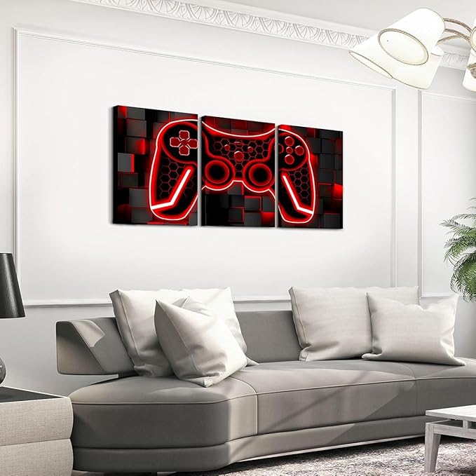 Feelyou Gamer Canvas Art - 3 Piece Red & Black Ombre Wall Decor - 12"x16" Gaming Room Decorations