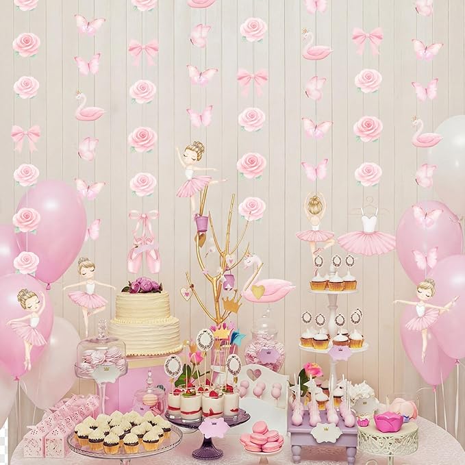 8 Pcs Ballerina Party Decorations Ballet Dancer Birthday Hanging Garlands Banner Pink Swan Rose Butterfly Paper Cutouts for Girls Wall Ceiling Decor Ballet Birthday Party Supplies