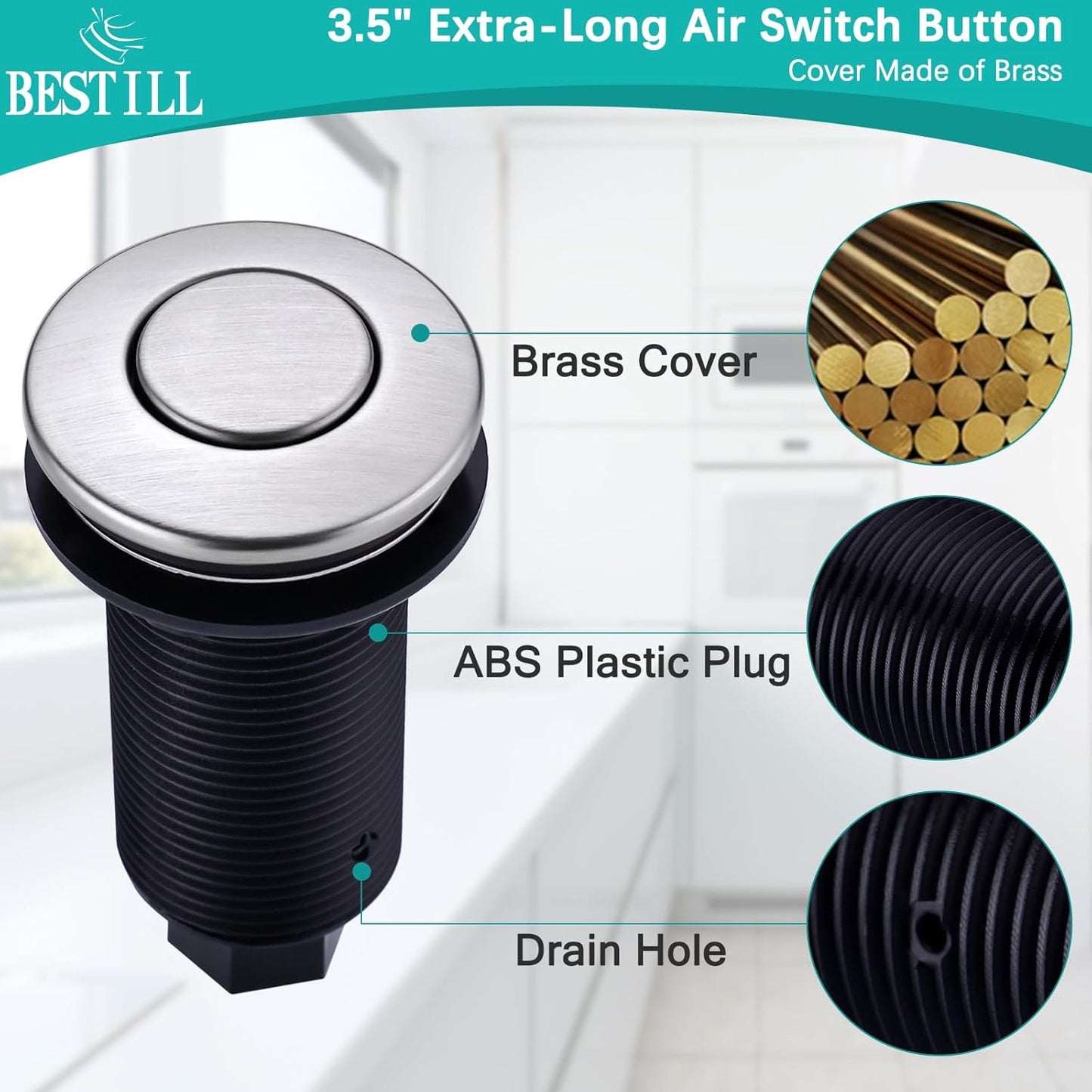 BESTILL Garbage Disposal Air Switch Kit - UL Listed, Cordless Sink Top Switch Button for Waste Disposer, 3.6" Long Push Button with Brass Cover, Brushed Nickel, Compatible with all Garbage Disposals