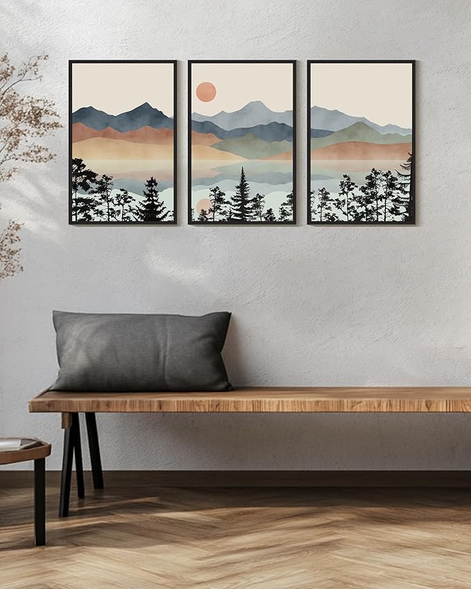 Drsoum Mountain Range Landscape Wall Art Framed Ink Wash Watercolor Nature Wall Decor Laker Sun Rises Prints Bedroom Living Room Ready to Hang 16x24in Black Framed