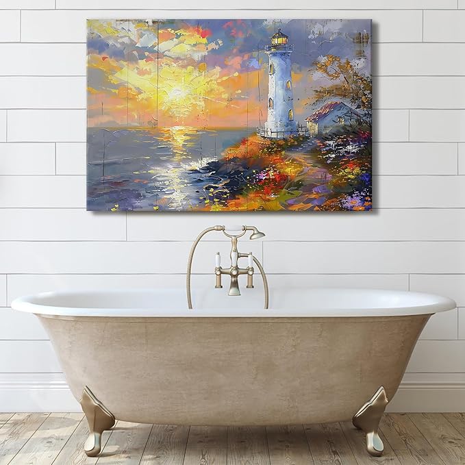 Large Sunset Coastal Wall Art Lighthouse Canvas Prints Picture Ocean Landscape Wall Decor Abstract Beach Painting Seascape Poster Modern Nature Artwork Kitchen Living Room Home Decoration 32x48"