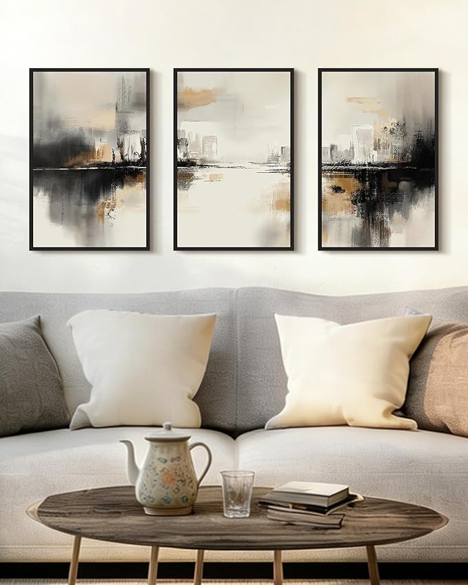 Drsoum Vintage Black Gray Abstract Wall Art Framed Brown Tan Neutral Prints Minimalist Modern Rustic Artwork Bedroom Living Room Ready to Hang 16x24in Black Framed