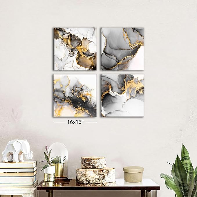 Framed Modern Abstract Black and Gold Canvas Wall Art Fluid Lines Marble Pictures Posters White Grey Minimalist Texture Painting for Living Room Bathroom Bedroom Office Home Decorations 16x16” 4 Pcs