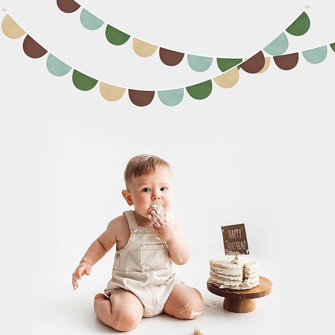 2 Sets of Green Brown Beige Half Round Banner 24Pcs Flags Nursery Garland Fabric Semicircle Streamers for Kids Jungle Safari Woodland Camping Birthday Baby Shower Party Decorations Baby Room Decor