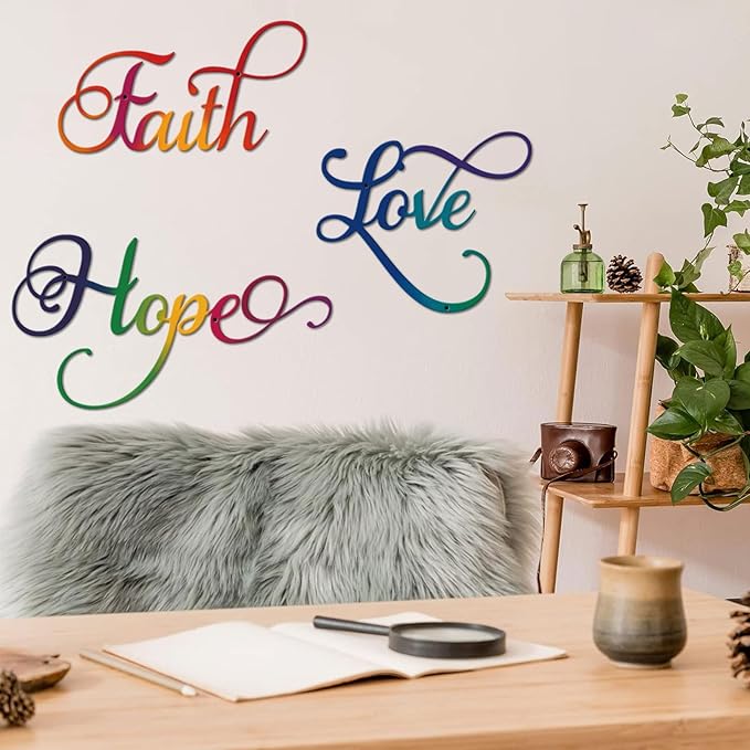ESTART Faith Hope Love 3 Pieces Metal Wall Decor Inspirational Black Letter Sign Wall Art Rustic Vintage Farmhouse Word Metal Sign Family Wall Decor for Home Bedroom Living Room Office (Colorful)