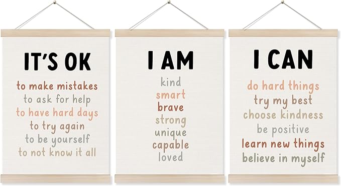 Koesus Inspirational Classroom Wall Art Poster Hanger Frame 12x16 Inch Set of 3, Motivational Canvas Pictures Prints Framed Wall Decor for Classroom Kids Room Playroom, Positive Affirmations for Kids