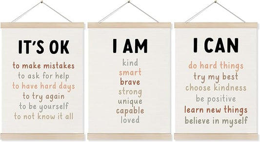 Koesus Inspirational Classroom Wall Art Poster Hanger Frame 12x16 Inch Set of 3, Motivational Canvas Pictures Prints Framed Wall Decor for Classroom Kids Room Playroom, Positive Affirmations for Kids