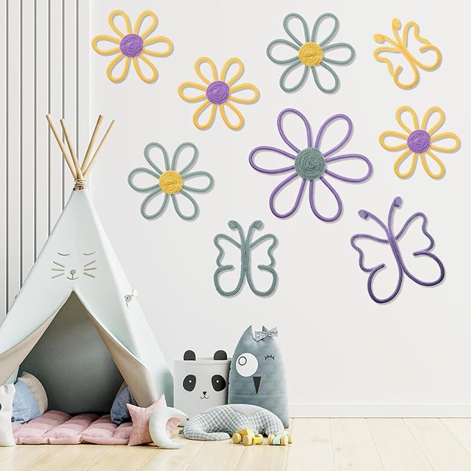 Wesiti 9 Pcs Boho Nursery Decor 3 Size Daisy Flower and Butterflies Woven Macrame Wall Hanging for Home Nursery Bedroom Dorm Wall Art(Modern Color)
