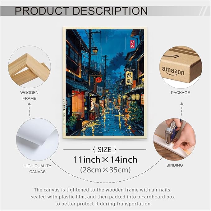 Japanese Tokyo Tea House Framed Canvas Wall Art Japanese City Street Cafe Scene Picture Print Modern Ukiyo-e Decor Poster for Home Bedroom Decorations Artwork11x14in