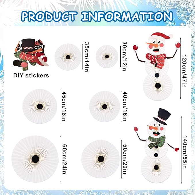 Christmas Hanging Paper Fans Decoration Classroom Christmas Decorations Xmas Bulletin Board Decorations with Fun Snowman for Xmas Holiday Winter Backdrops Wall Party Supply