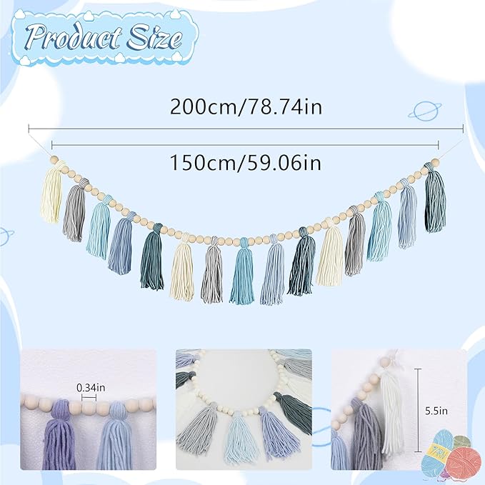 Boho Yarn Tassel Garland - Handmade Wall Hanging Decor for Nursery, Baby Shower, Kids Room, Classroom, Birthday Party | Macrame Tassels Bunting Banner for Bedroom, Office, Home Decoration (Sky Blue)