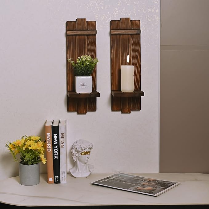 Sconces Wall Decor Set of 2, Wall Candle Holder Rustic Home Decor, Farmhouse Wall Art Floating Candle Sconces Shelf Wooden Wall Decorations for Living Room, Dining Room, Bedroom, Bathroom