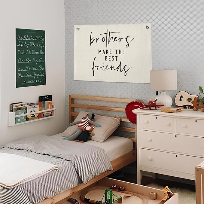 Brothers Make The Best Friends Banner - Boys Room Decor, Toddler Boy Room Decor, Linen Wall Hanging Canvas Flag for Nursery Playroom