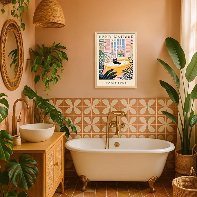 IAFWZX Wood Framed Funny Bathroom Wall Art, Humor Black Cat In Bathtub Wall Decor, Vintage Henri Matisse Canvas Painting, Whimsical Cute Animal Poster Print for Living Room Bedroom 12"x16"