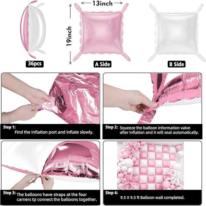 36pcs Pink and White Square Foil Balloons Wall Backdrop with 147pcs Balloon Garland Arch Kit, Double Sided Balloons for Birthday Anniversary Wedding Bridal Shower Baby Shower Party Decorations