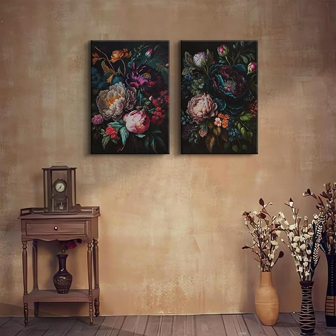 BRPXJRA 2 Pcs Moody Floral Wall Art Dark Flower Wall Decor Painting Vintage Baroque Peony Canvas Prints Botanical Still Life Pictures for Living Room Bedroom Bathroom 12x16 In Ready to Hang