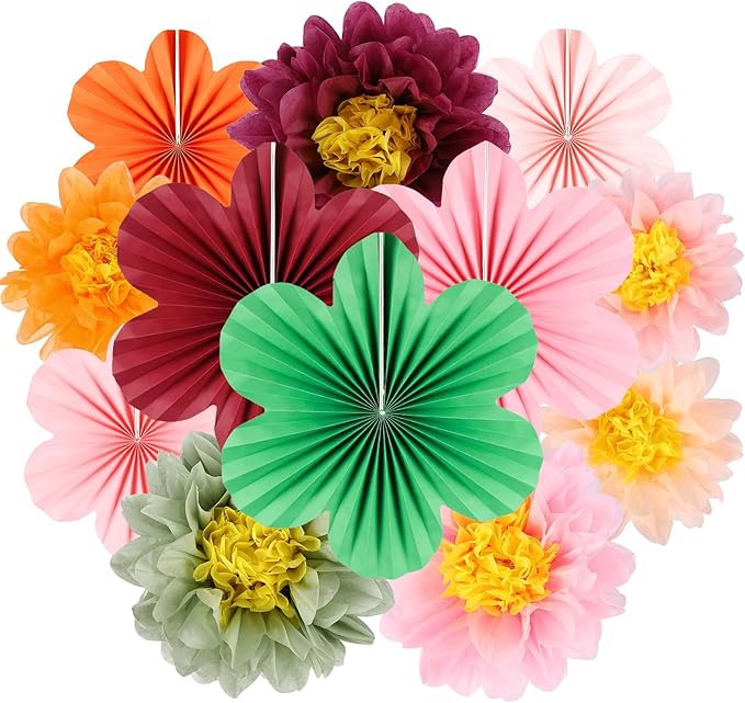 BestoFun 12PCS Tissue Paper Flower Fans – Wine Red & Pink Party Decorations for Birthday, Wedding, Baby Shower, Anniversary, Bridal Shower, Holiday Party