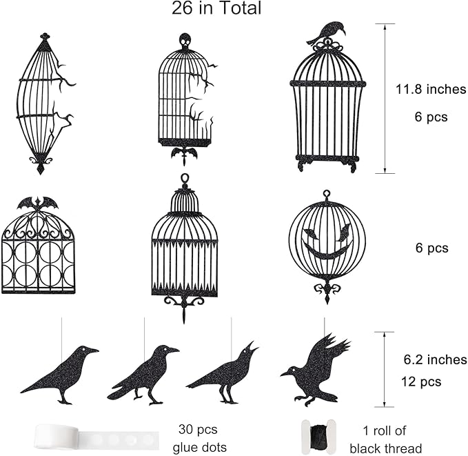 Cheerland Gothic Crow Decoration Black Cage Garland for Black Crow Decoration Gothic Christmas Birthday Party Hanging Indoor Raven Glitter Haunted Mansion Decor Garland Birthday Halloween Supplies