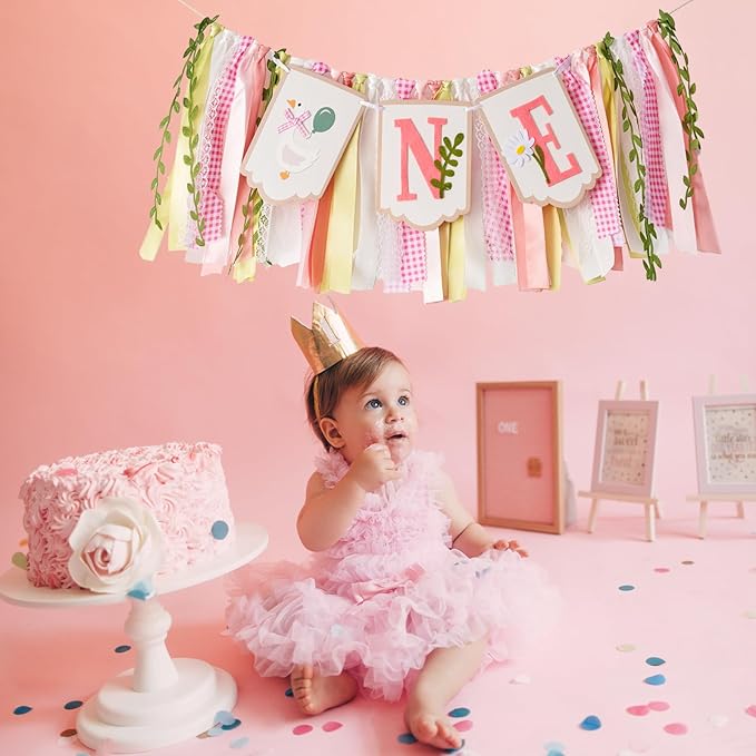 Pre - stung Silly Goose High Chair Banner for Girls1st Birthday - Pink & Gold Baby Girl Cake Smash Cake Smash Props, Premium First Birthday ONE Banner Party Decoration