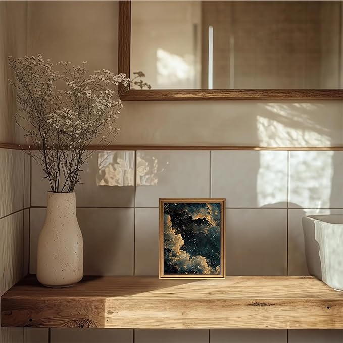 Aroutde Vintage Gold Framed Moody Celestial Wall Art, Cloud Print Abstract Night Sky Stars Art Poster Maximalist Gothic Canvas Wall Decor for Living Room Bedroom Apartment (10L x 8W, Framed)