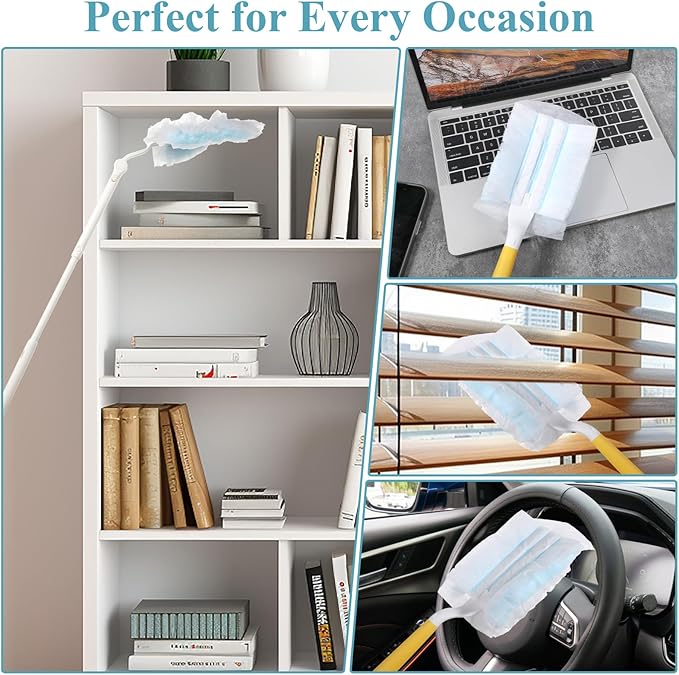 60 Count Electrostatic Duster Refills, 360 Heavy Duty Compatible with Swiffer Dusters Refills with 1 Short Handle and 1 Extenda Handle for Cleaning Home