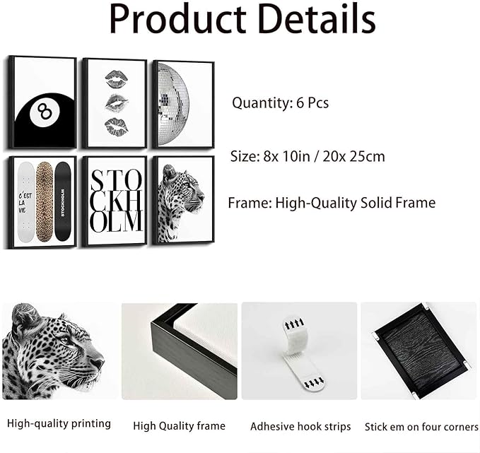 Framed Fashion Trendy Leopard Wall Art Set of 6 Stockholm Preppy Room Painting Picture Wall Decor Black White Aesthetic Cheetah Poster Print Artwork for Girls Bedroom Dorm Apartment Home Decoration