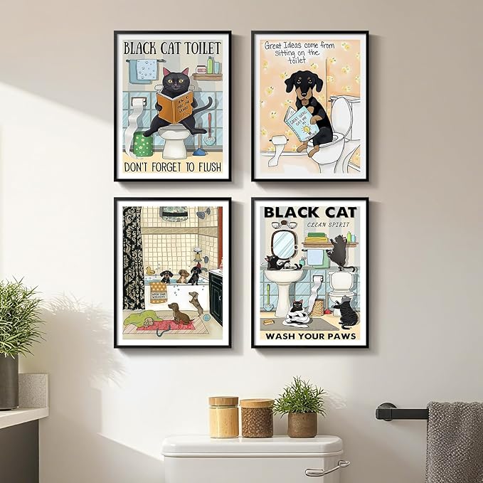 Framed Funny Bathroom Wall Art Decor, 4 Piece Cute Black Cat Dog Canvas Painting Prints, Animal Sitting in Bathtub on Toilet Reading Book Pictures for Kids Bathroom Restroom Wall Decor, 11x14 Inch