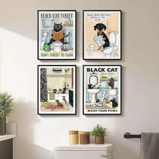 Framed Funny Bathroom Wall Art Decor, 4 Piece Cute Black Cat Dog Canvas Painting Prints, Animal Sitting in Bathtub on Toilet Reading Book Pictures for Kids Bathroom Restroom Wall Decor, 11x14 Inch