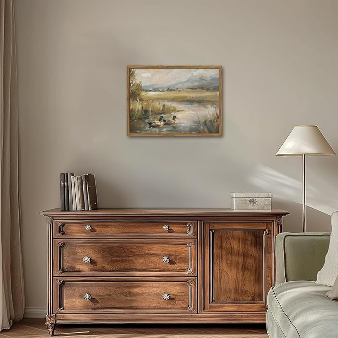 Framed Vintage Mallard Duck Wall Art Countryside Wildlife Pond Nature Canvas Prints Rustic Landscape Pictures Wall Decor for Living Room Bedroom Dining Room Offices 16x24 inch