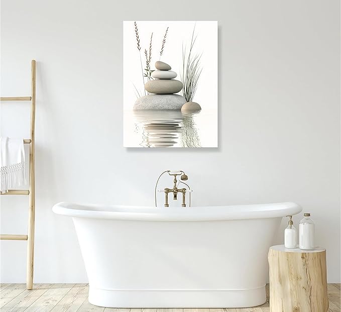 Zen Stone Canvas Wall Art Stacked Stones in Water Poster Print Tranquil Wild Grass Painting Picture for Spa Yoga Meditation Room Bathroom Wall Decor 24x36in Ready to Hang Framed