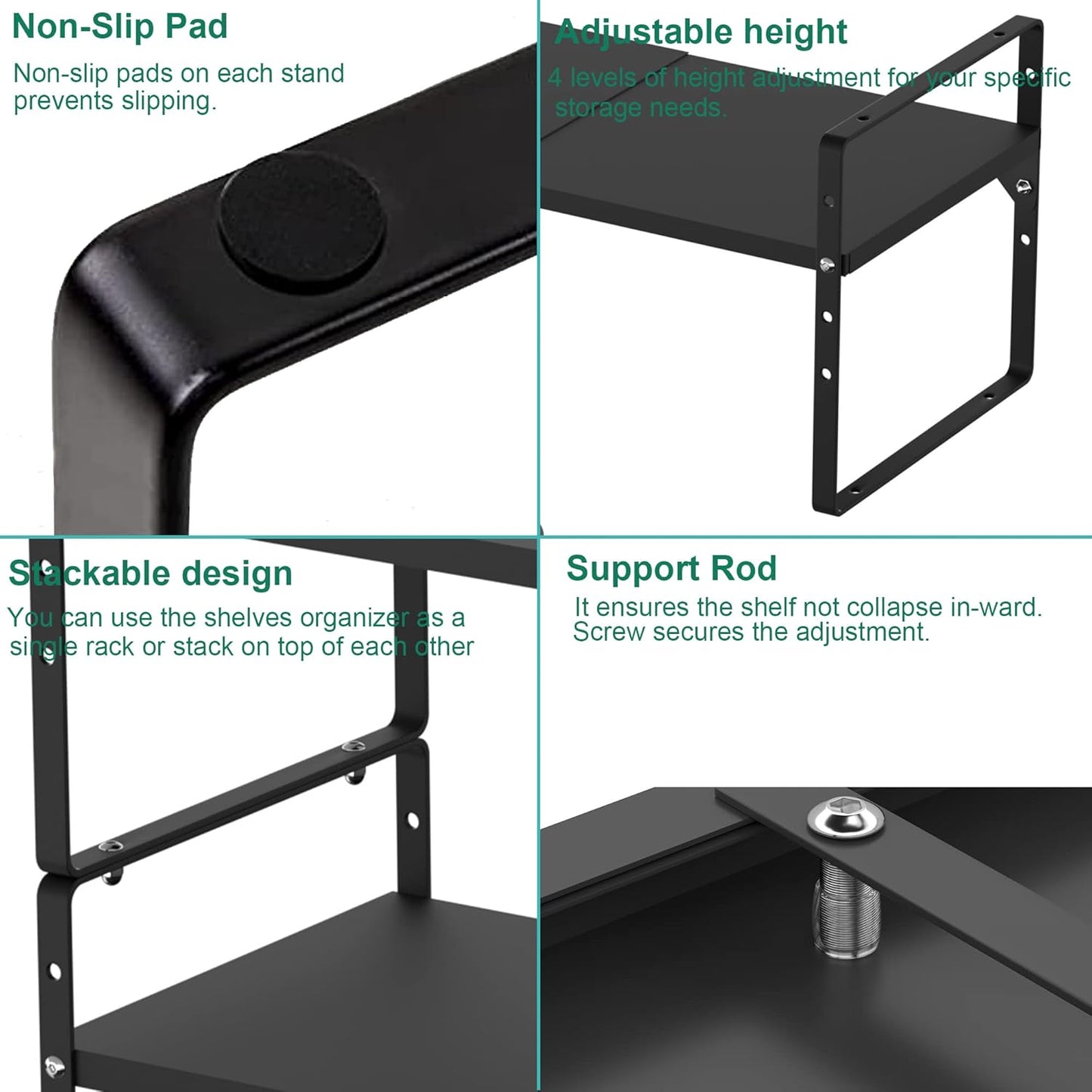 iPEGTOP Expandable Cabinet Storage Shelf Organizer, Heavy Duty Steel Metal Spice Rack Adjustable Height Home Office Garage Pantry Shelf Space Riser for Counter Kitchen Organization, Black, 1 Pack