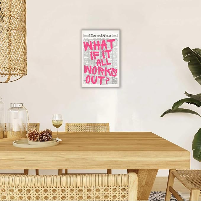 Drimiler Retro Newspaper Pink Font Poster What If It All Works Out Canvas Wall Art Positive Affirming Quote Minimalist Prints Painting For Home Bedroom Dorm Wall Decor 16x24in Wframed