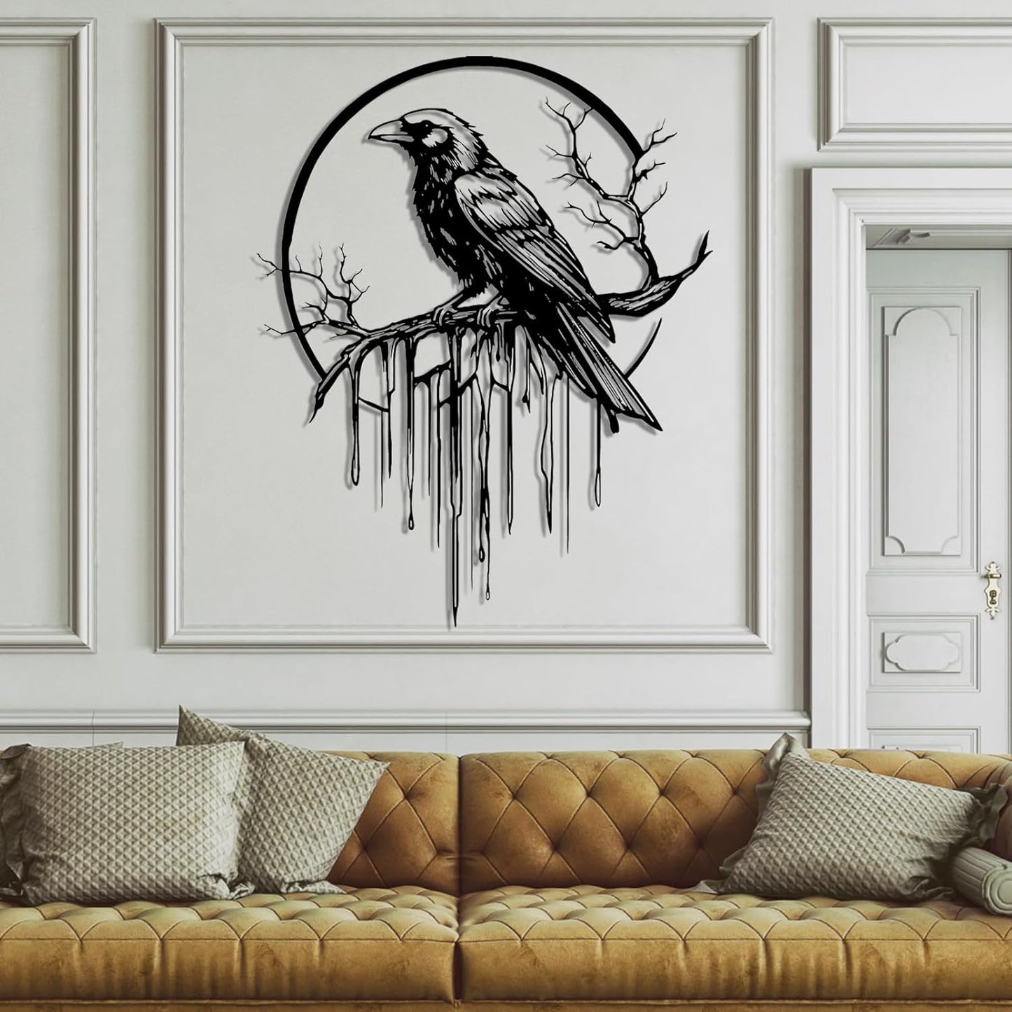 Crow Metal Wall Decor, Raven Wall Art, Large Gothic Raven Decor Hangings, Bird Wall Decor, Metal Tree Branch Decor, Ravens Sign, Raven Art for Living Room (Black, 39"x31" | 100x80cm, metal wall art)