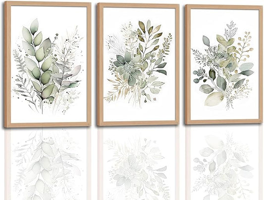 3Pcs Framed Sage Green Botanical Wall Art, Watercolor Canvas Prints Modern Green Plant White Floral Decor for Bedroom Living Room Bathroom Nursery, Ready to Hang wooden frame 12x16In