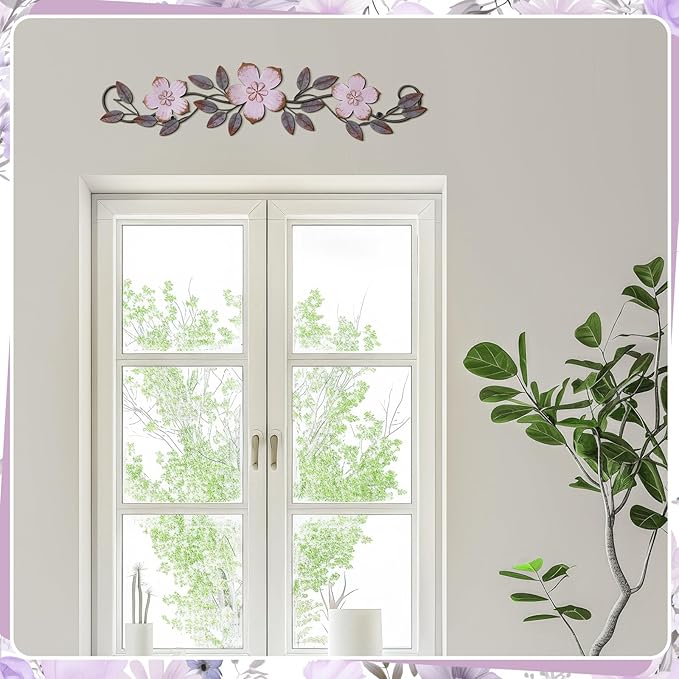 Wesiti Metal Flower Wall Decor Vintage Spring Metal Flower Wrought Iron Scroll Sculpture 15.7''x3.7'' Farmhouse Leaf Wall Decor with Nails for Spring Living Room Bedroom Indoor Outdoor (Purple)