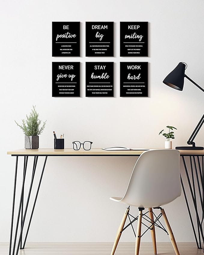 KUVIOKE Inspirational Framed Wall Art Motivational Quotes Wall Decor Encouraging Office Posters Sayings for Classroom Bedroom Living Room Ready to Hang Set of 6, 8x10in (Black Framed)