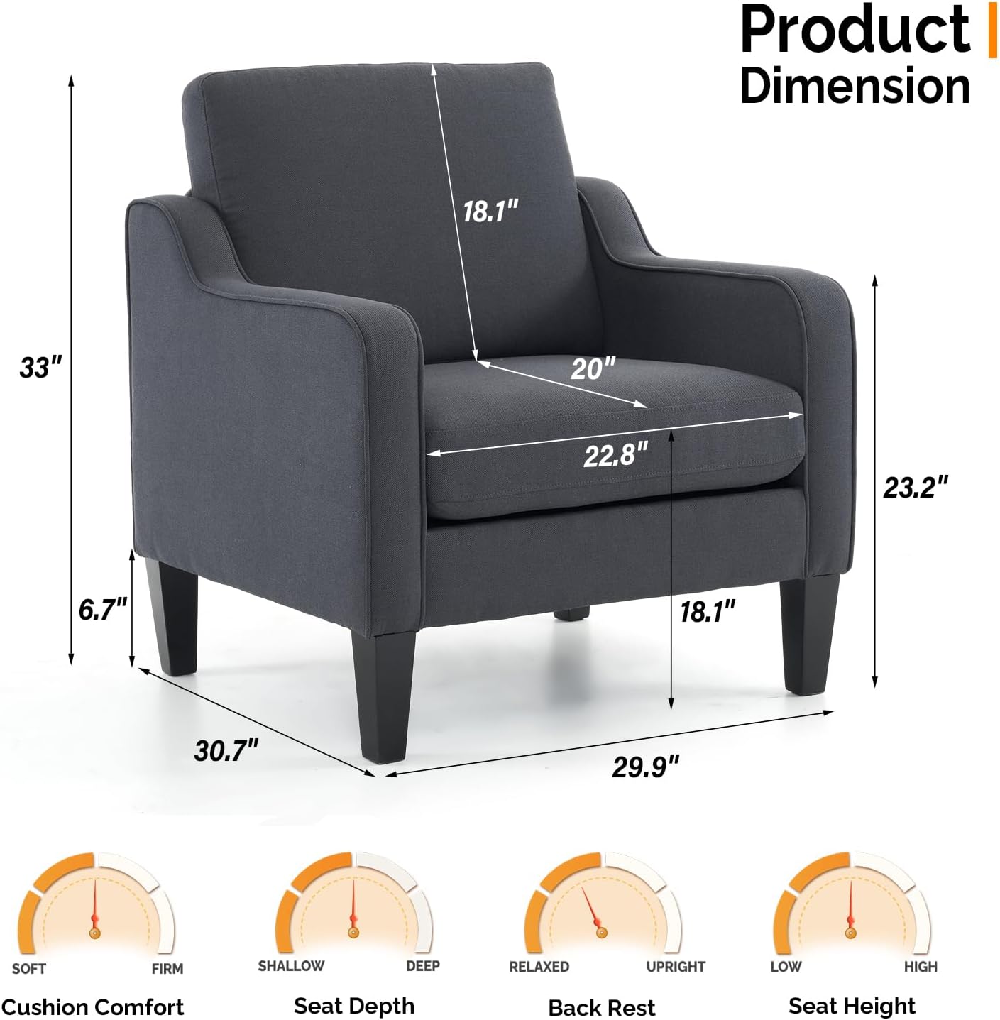 VINGLI Accent Chairs Set of 2 Living Room Chairs Dark Grey Reading Chair for Bedroom Scooped Arm Chair Mid Century Modern Linen Chairs Upholstered Comfy Chair for Apartment, Waiting Room