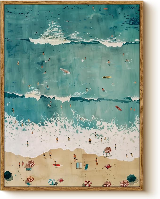 Tropical Beach Scene Framed Canvas Wall Art 12x16 Modern Coastal Ocean Wave Print, Summer Seaside Picture Beach Painting, Sea Wave View Artwork Bedroom Bathroom Home Office Decor