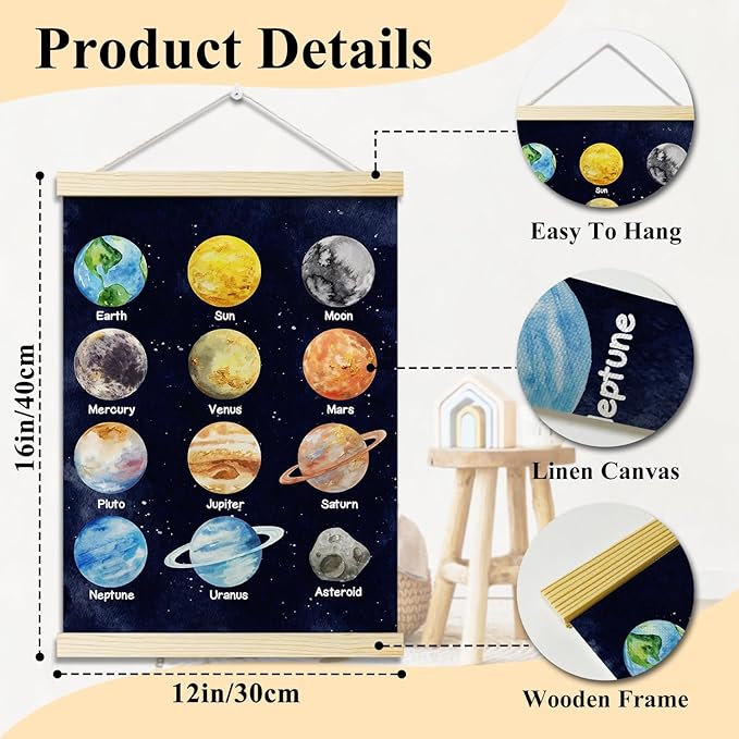 Solar System Posters Hanger Frame for Classroom Outer Space Hanging Poster for Nursery Decor Educational Wall Art Decor for Preschool Kids Room Playroom Canvas Wall Art Print 16x12 Inch - YY060