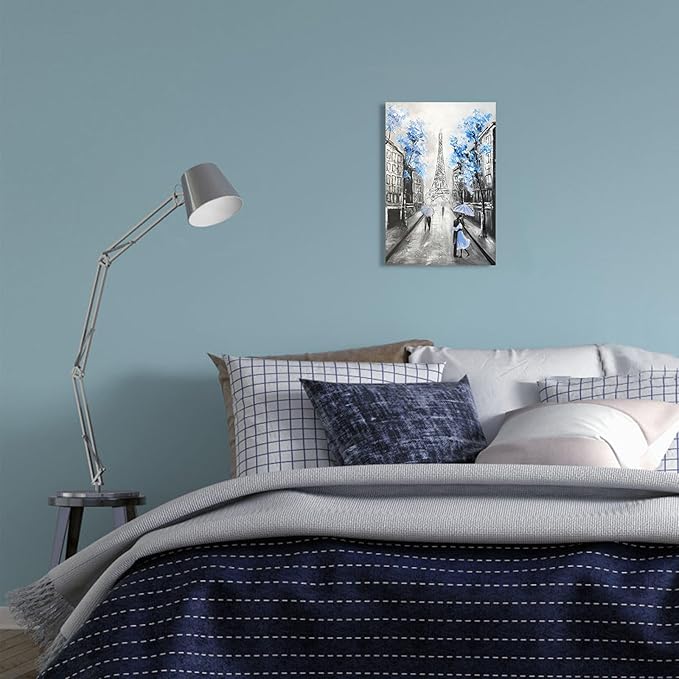 YPY Blue Floral Paris Canvas Wall Art: Blue Flower Grey Eiffel Tower Picture for Bathroom Decor, Painting Textured Street Scenery Print Modern Artwork Home Decoration 10 x 15