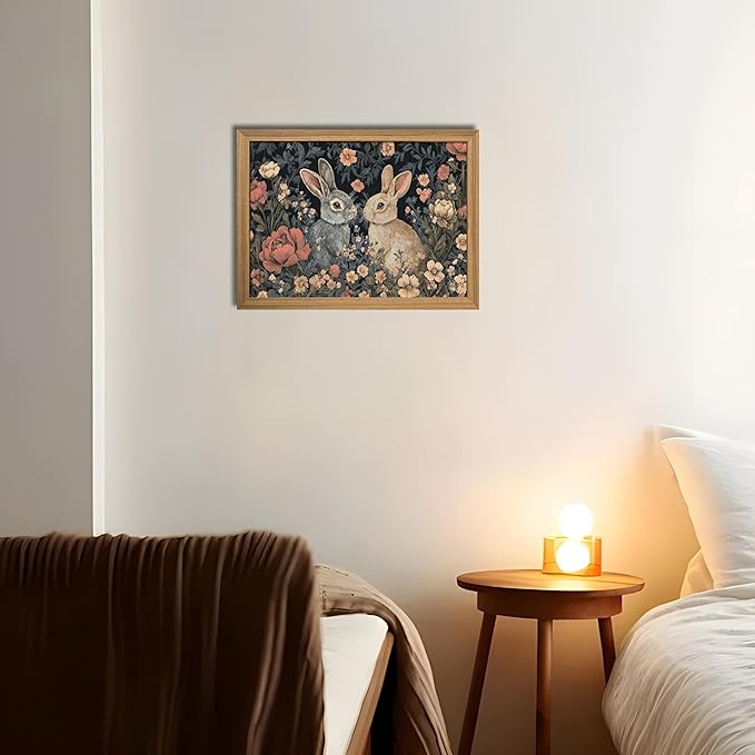 AKWISH Easter Framed 3D Textured Vintage Wall Art - Dark Academia Bunny Decor Hand Drawn Sandstone Paintings with Botanical Florals, Aesthetic Wall Decor for Living Room Bedroom Home 12x16 inch