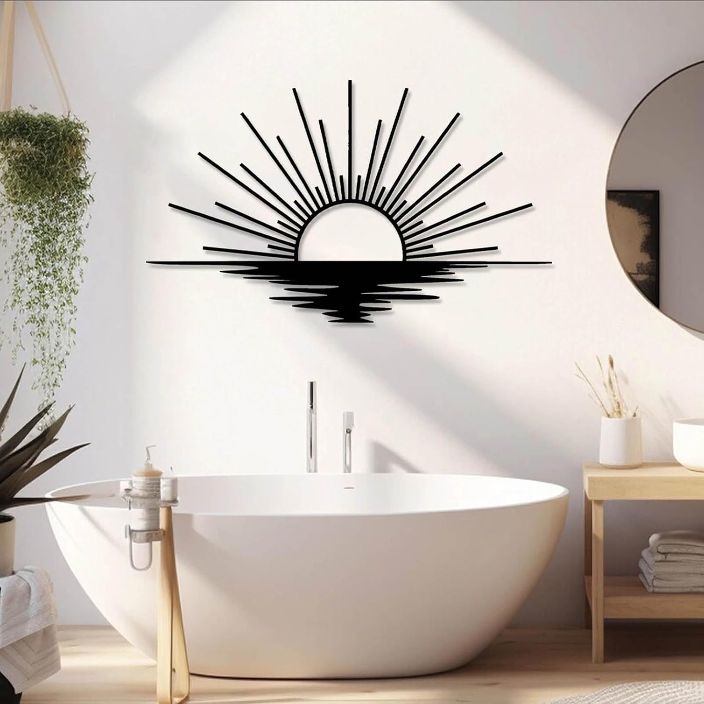 Sunrise Metal Wall Art, Metal Sun Wall Decor, Sun Outdoor Wall Art, Abstract Sunrise Wall Decor, Boho Home Hanging, Living Room Wall Hanging (Silver, 48"x29"/121x72cm)