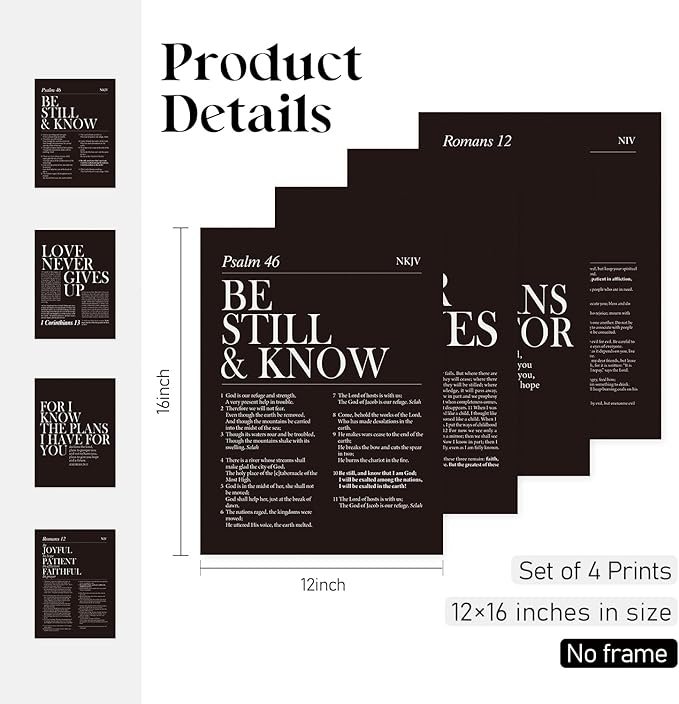 Locomiss Black and White Christian Wall Art Decor, Modern Black Minimalist Jesus Scripture Wall Decor, Black Inspirational Bible Verse Posters for Bedroom Office Living Room, Set of 4 (12x16 Unframed)
