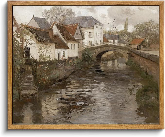 KBKBART Vintage Wall Art, Retro European Village Country Framed Canvas Art Prints Painting Farmhouse Decor, Rustic Impressionism Scenic Landscape Wall Decor for Bathroom, Bedroom Living Room, Vintage